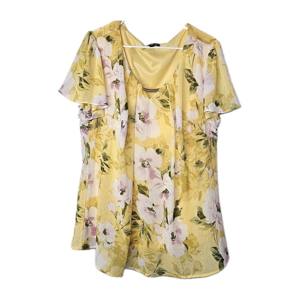 Sara Michelle Blouse 2XL Floral Scoop-neck Yellow Flutter Sleeve Romantic Femme